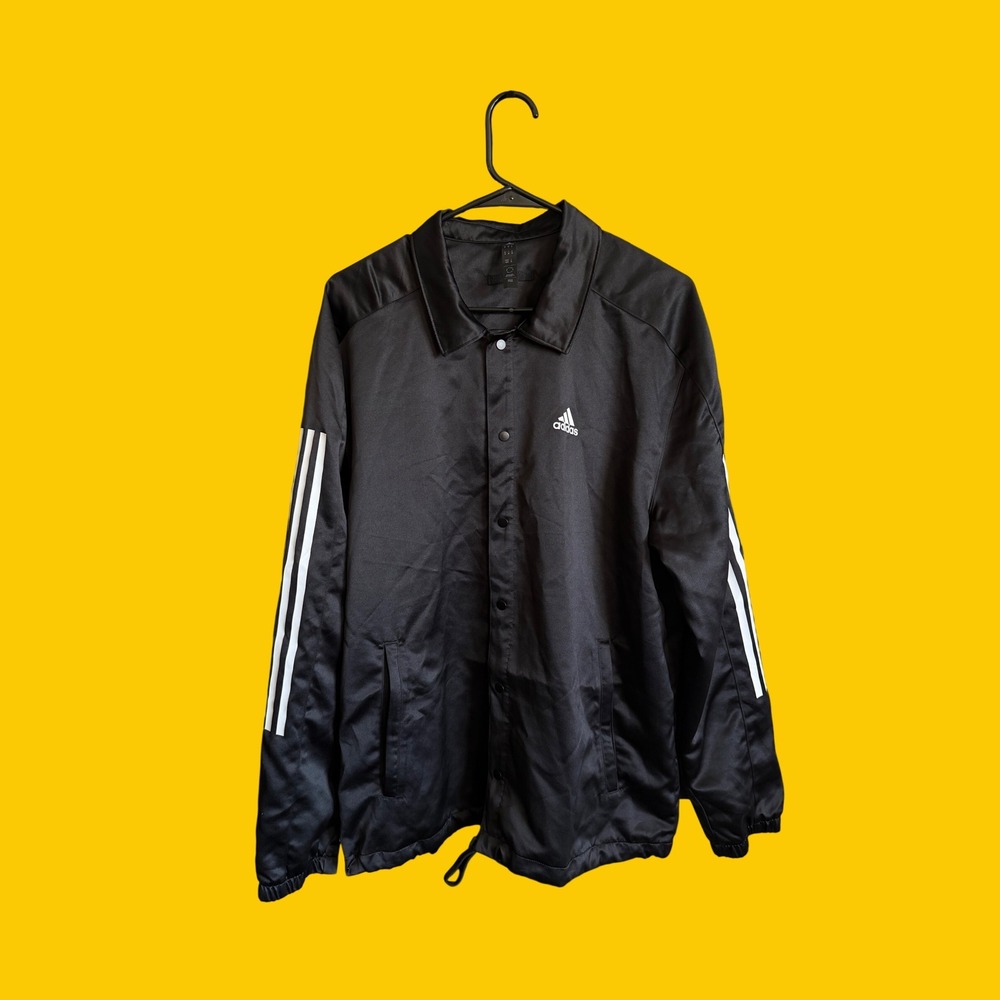 Adidas Sportswear Coach Jacket Mens Medium Black Satin Snap Front Windbreaker